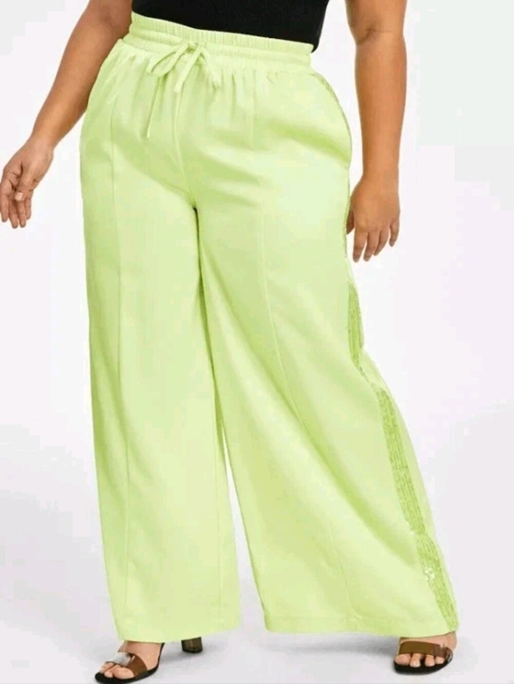 NWT Nina Parker Lime Daquiri Satin & Sequin Wide-Leg Pull-On Pants Sz 2X
